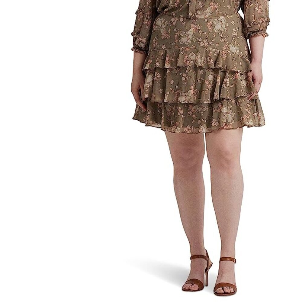 LAUREN Ralph Lauren Plus Size Floral Crinkle Georgette Tiered Skirt Taupe/Cream